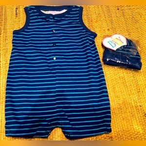NWT BABY BEGINNINGS Romper & matching hat sz 3-6 m Super cute dog on backside!